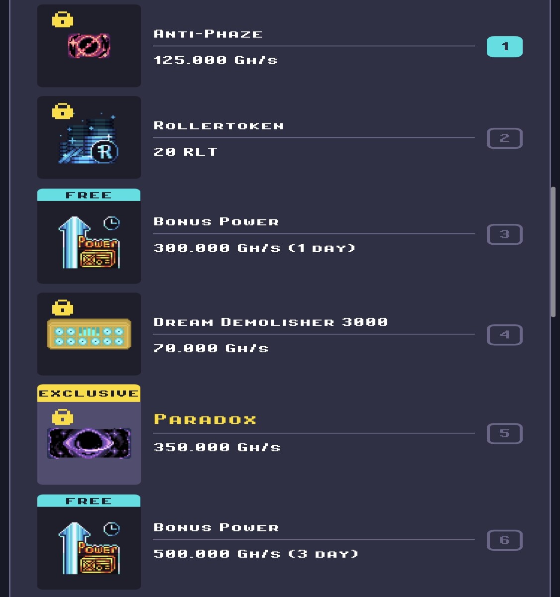 Rewards for levels 1 through 6