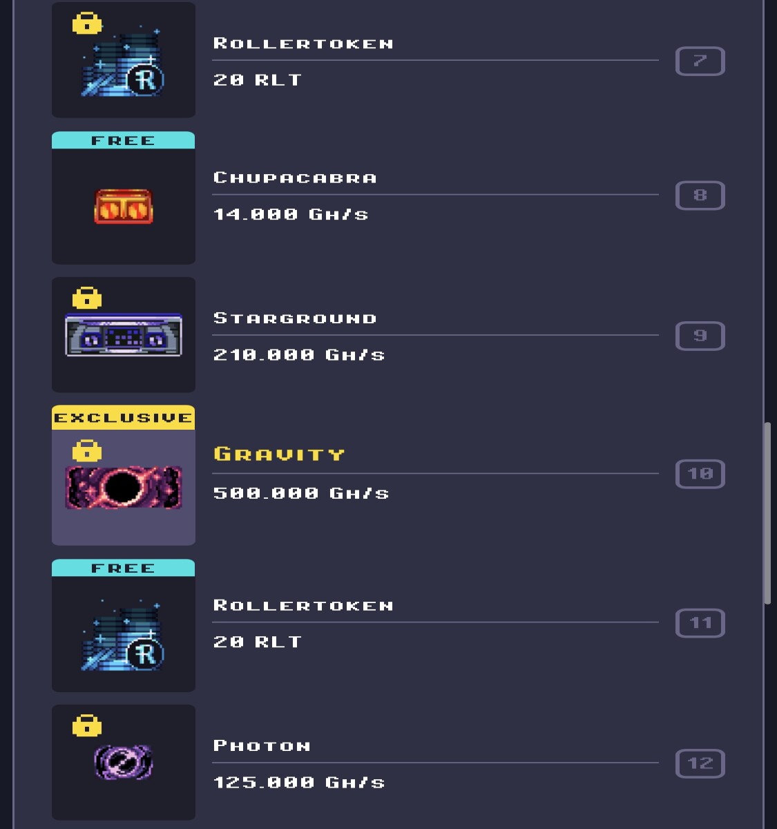 Rewards for levels 7 through 12