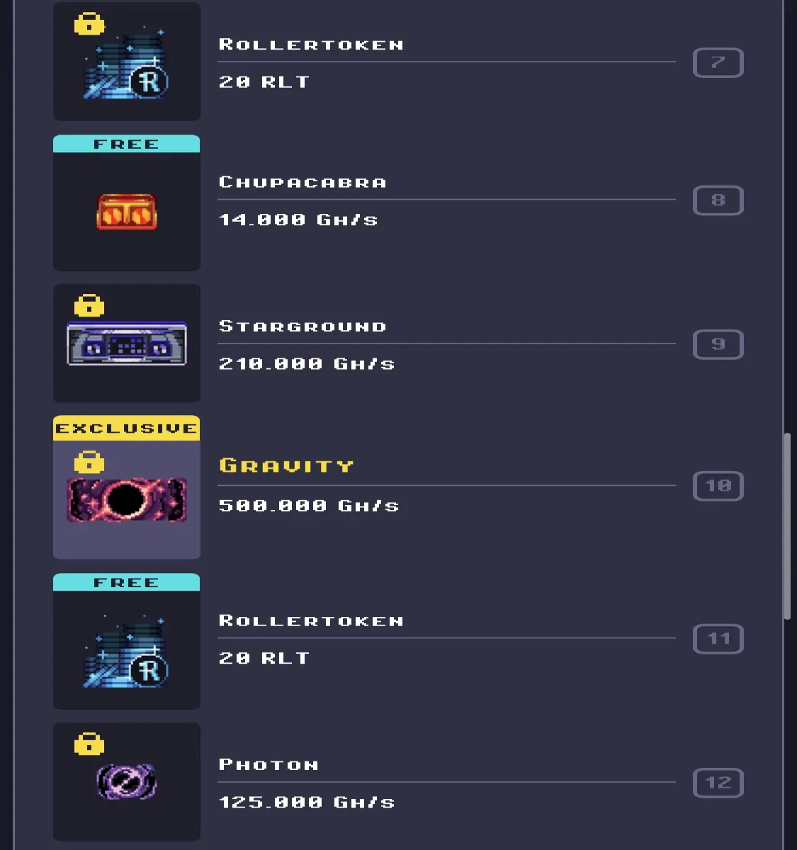 Rewards for levels 7 through 12