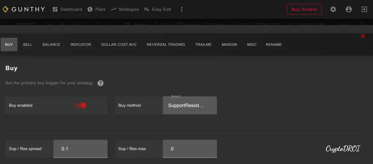 Gunbot Support and Resistance Strategy Buy settings on GUI