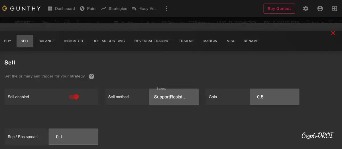 Gunbot Support and Resistance Sell Settings on GUI
