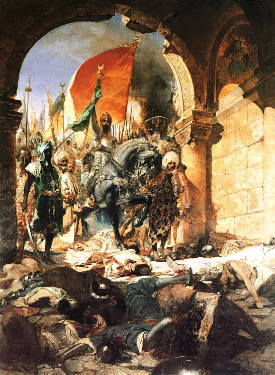 Todos en esta imagen son Homo Sapiens, todos son humanos, tanto los conquistadores como los conquistados, los vivos y los asesinados. Todos son de los mismos. La lección es mayor si nos identificamos con todos. (no encontré una pintura con este sentimiento de la conquista de América de uso libre, entonces uso esta de la caída de Constantinopla, pero aplica para todas)