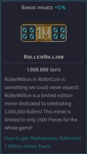 RollerMillion - Bonus Power +5% - 1.000.000 PH/s