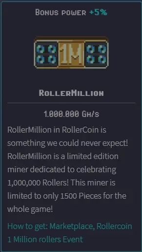 RollerMillion - Bonus Power +5% - 1.000.000 PH/s