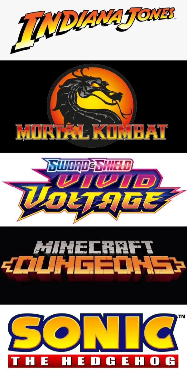 Adventureous titles with yellow orange red gradient Indiana Jones Mortal Kombat Pokemon Vivid Voltage Minecraft Dungeons Sonic the Hedgehog