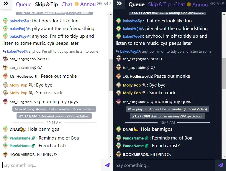 Figure 6. JungleTV Chat panels in Day Mode (left) and Night Mode (right)
