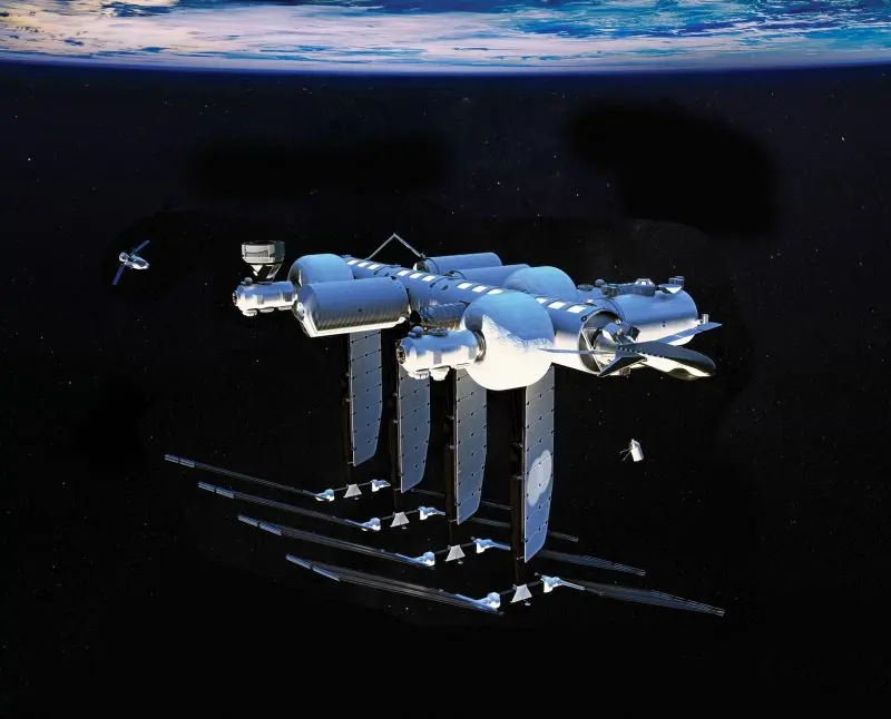 Caption: Rendering of the Orbital Reef commercial space station in low-Earth orbit.