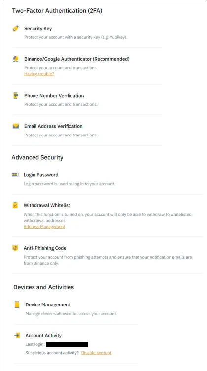 There are many security features in the Security Settings to protect your Binance account from scammers