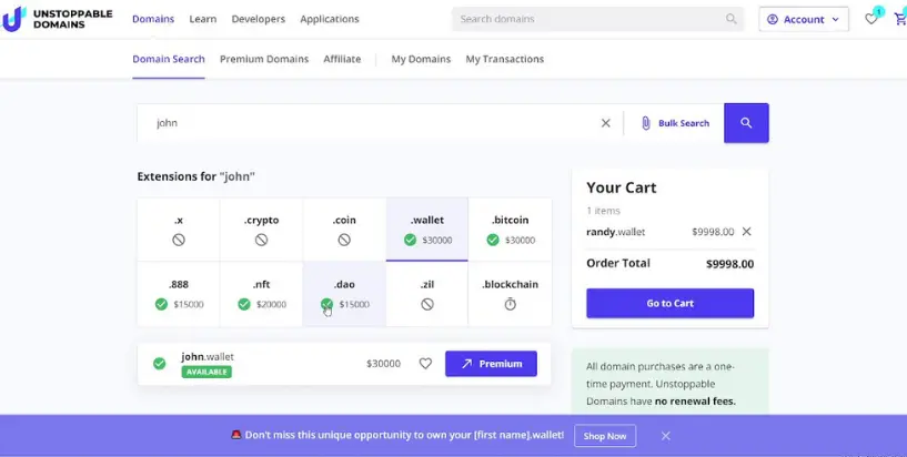 search for a premium NFT domain