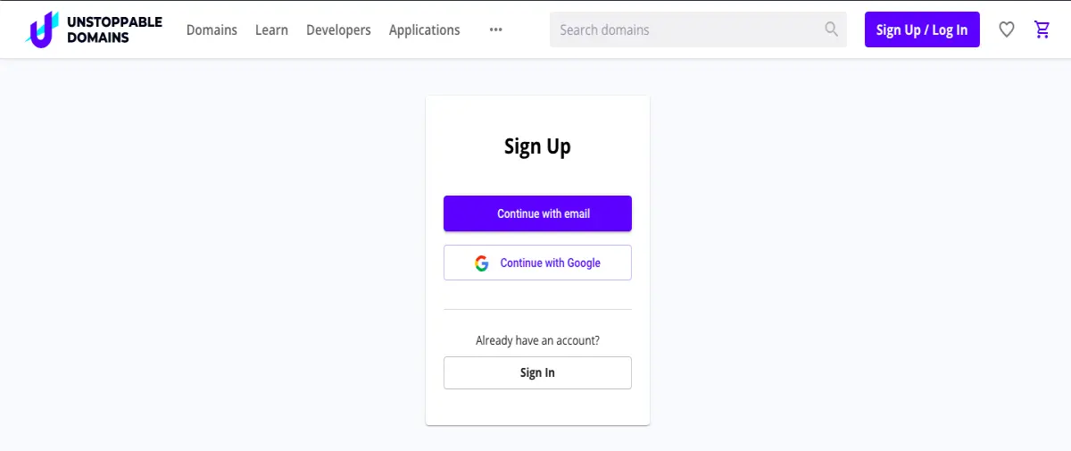 Unstoppable domains sign up page