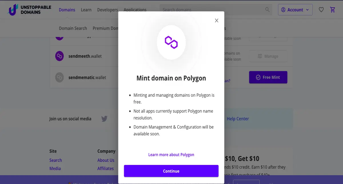 unstoppable domains message