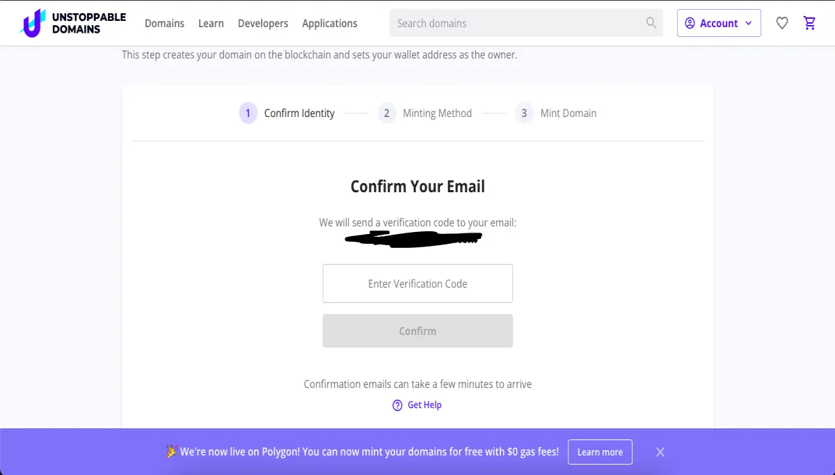 unstoppable domains email verification