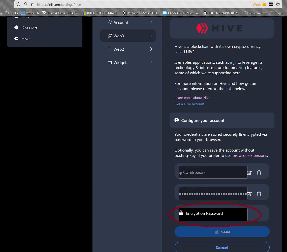 What am I supposed to enter for the encrytption key for my Hive settings on Inji?