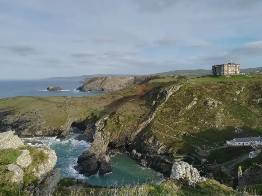 The view from Tintagel across the North Cornish coastline towards Camelot Castle Hotel