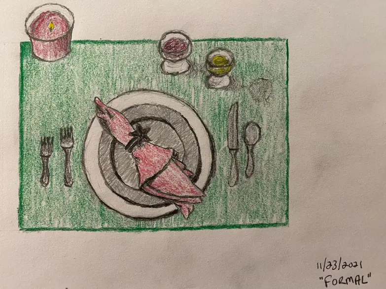 Holiday formal dinner table setting for one - pencil and colored pencil -
