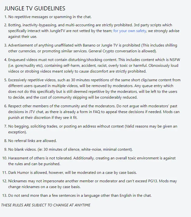 Figure 21. The JungleTV community guidelines.