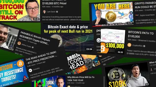 YouTube example crypto prediction videos - parabolic rally $100,000 USD