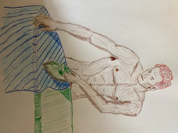 Man ironing clothes - colored pencil