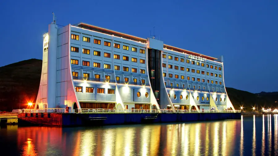 Floating hotel in North Korea at night