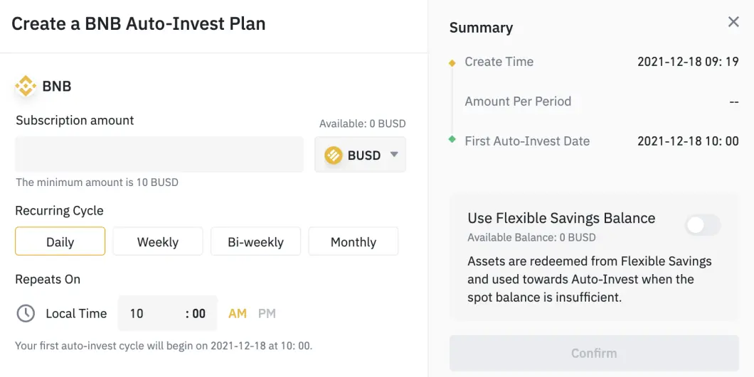 Creating a Binance Auto-Invest plan