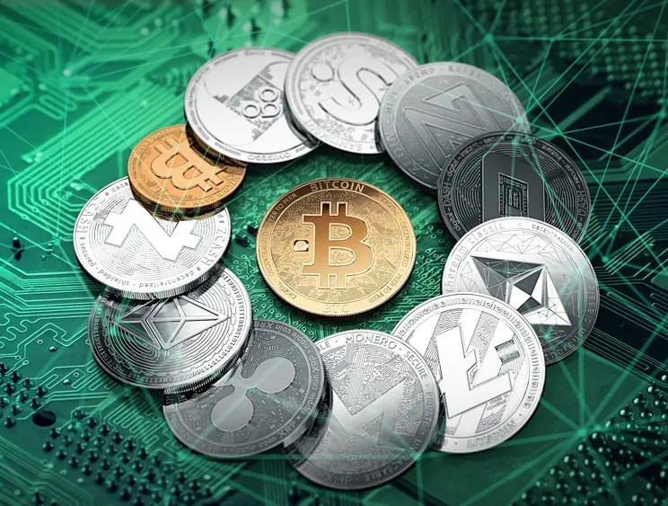 Depiction of crypto currencies as real coins
