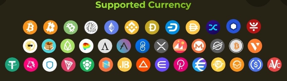 Supported crypto tokens as of last update. There are a bunch of alt coins now.