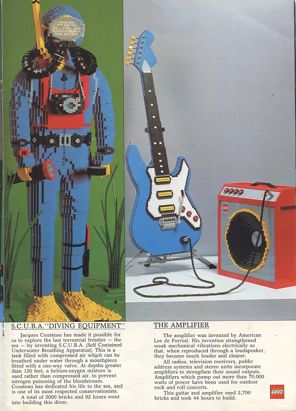 LEGO Life-size constructions shown with 1) S.C.U.B.A diving man and 2) a Guitar and its amplifier
