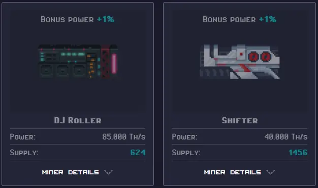 Modern miners designs on Rollercoin (greyed out), reminiscent of LEGOs