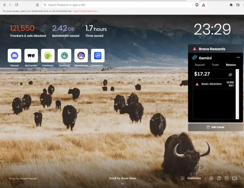 Brave Browser Time bandwidth saved and BAT earned