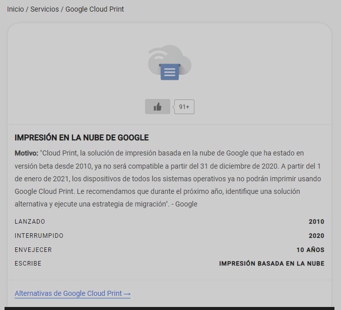 Explicación abandono Google cloud print