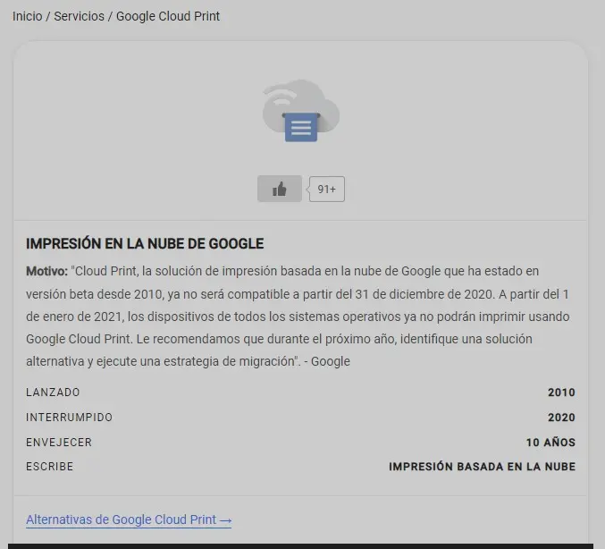 Explicación abandono Google cloud print