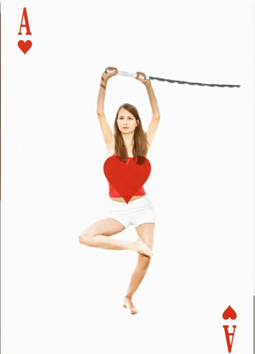 me holding a sword off of demon slayer on an ace of hearts card