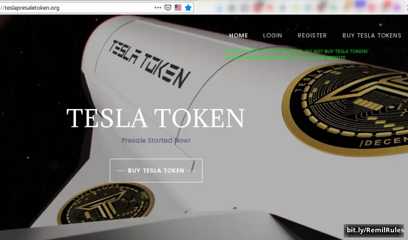 Tesla token scam phishing website