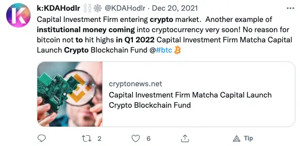 Institutional money will come to Crypto in Q1 2022.