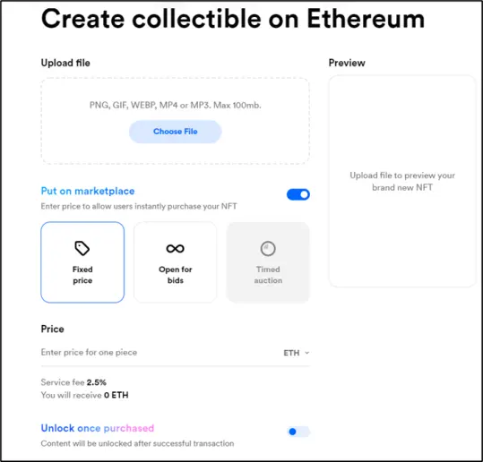 Rarible provides a user friendly interface for minting (and listing) NFTs