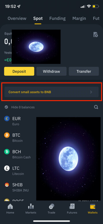 The function of converting small crypto amount in Binance app Pro version