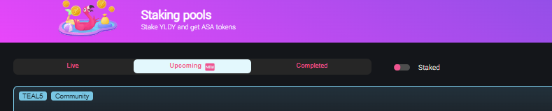 Upcoming tab for new tokens on Yieldly