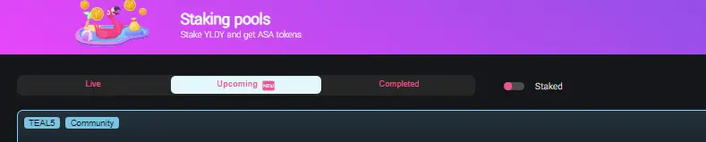 Upcoming tab for new tokens on Yieldly