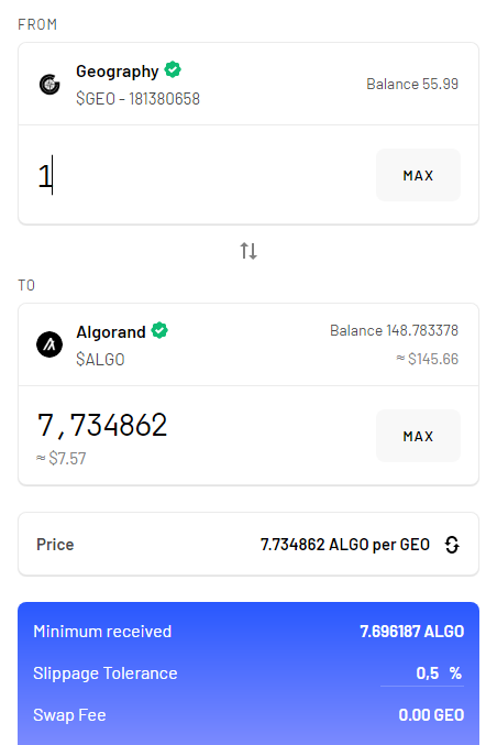 swap GEO-ALGO tinyman