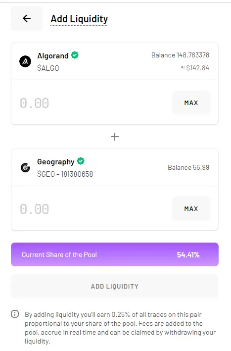 add liquidity tinyman pool GEO-ALGO