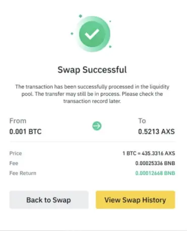 Binance Swap success