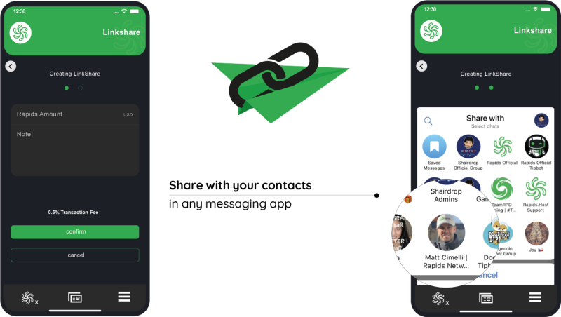 LinkShare technology on Rapids Wallet, share assets via a link to anywhere in a few clicks.