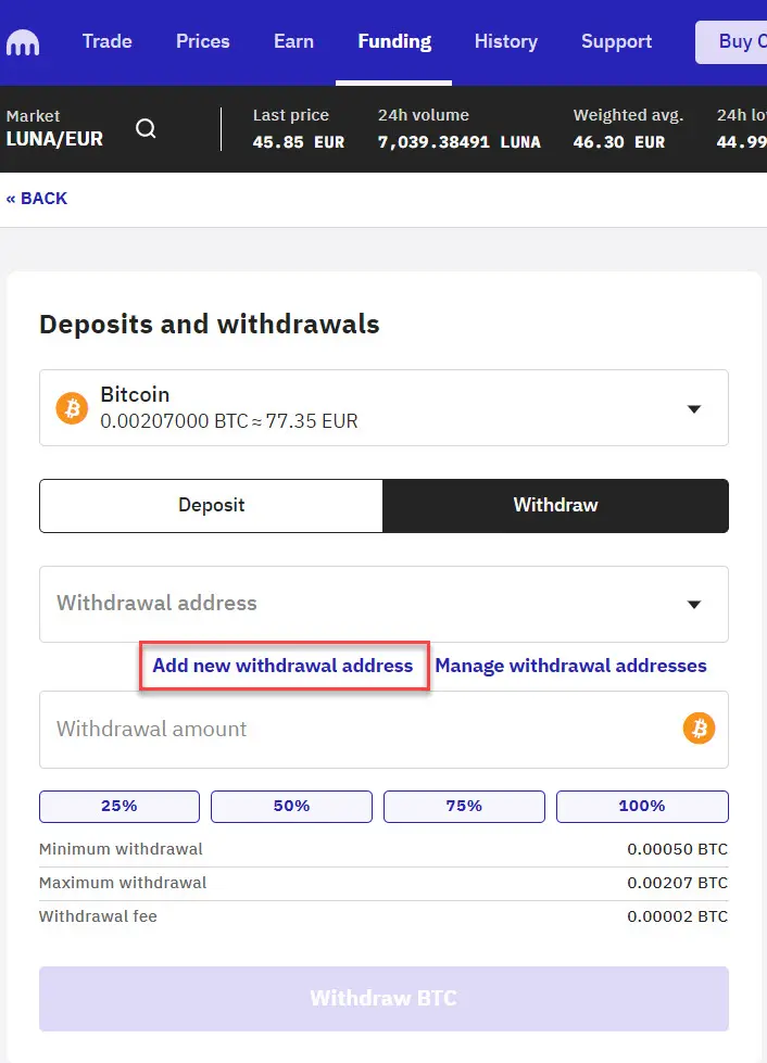 Adding a Withdrawal Address
