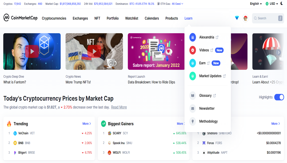 CoinmarketCap Earn landing page