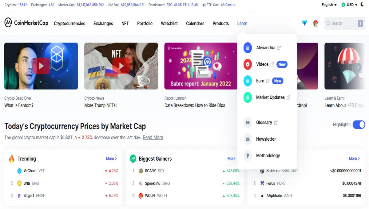 CoinmarketCap Earn landing page
