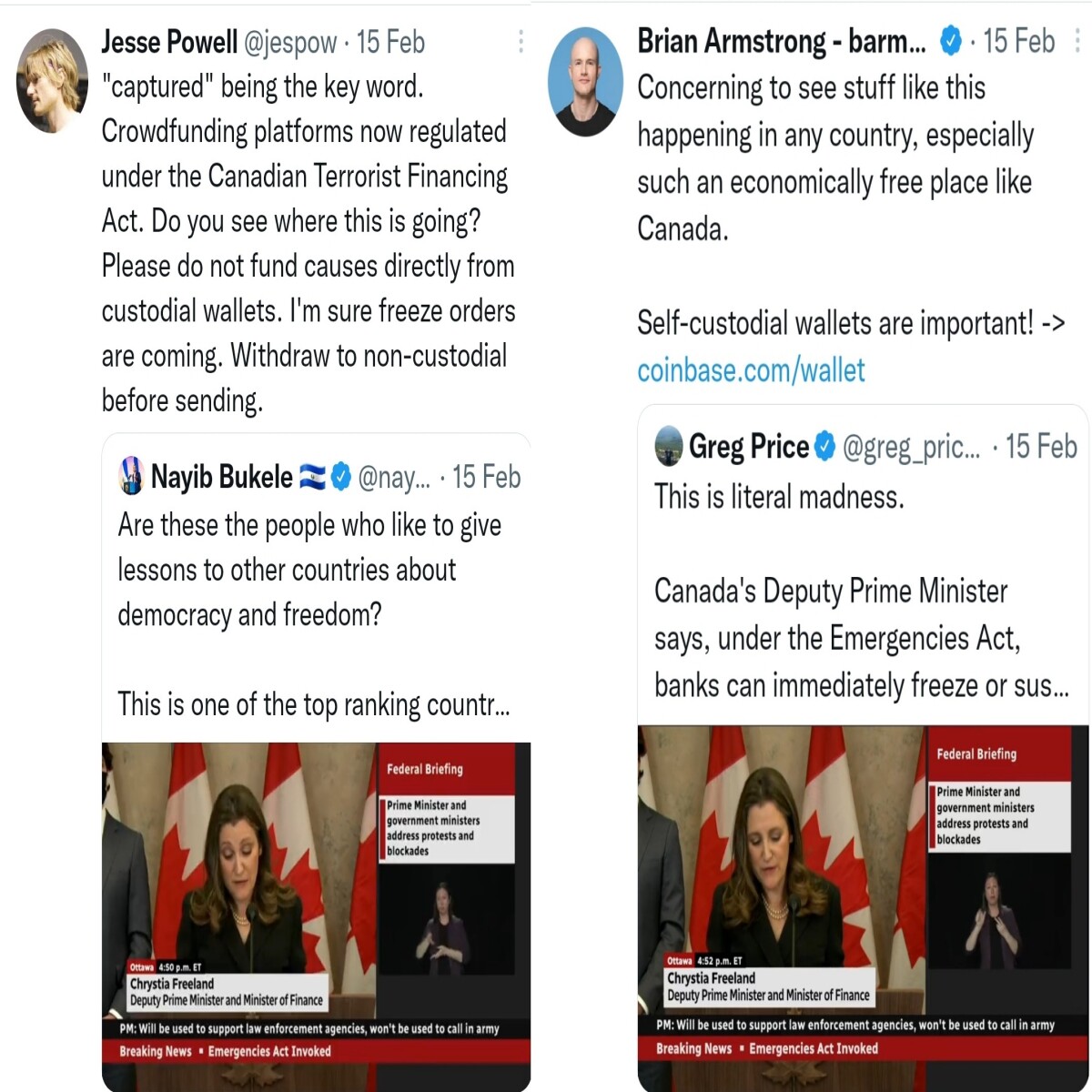 combined screenshot of tweets by Kraken & Coinbase CEOs.