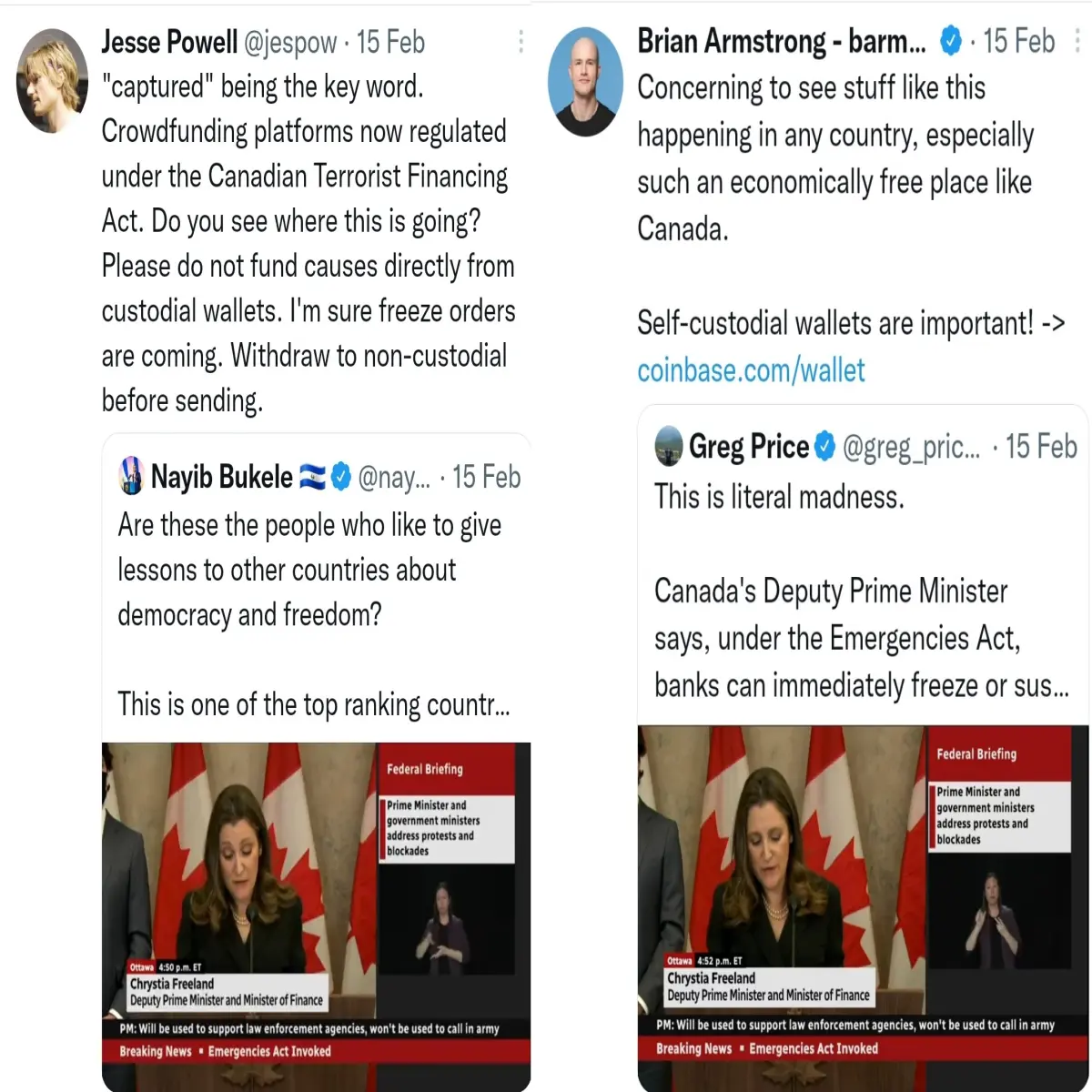 combined screenshot of tweets by Kraken & Coinbase CEOs.