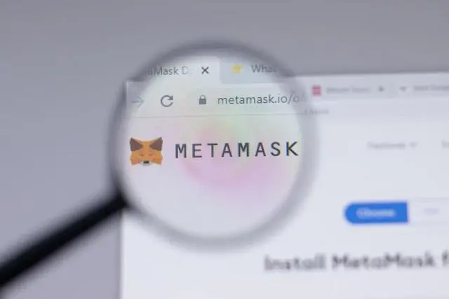 Magnifying glass zooming into MetaMask logo on a webpage