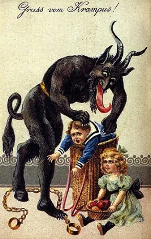 A 1900s greeting card reading 'Greetings from Krampus!'