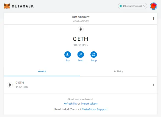 Metamask home screen